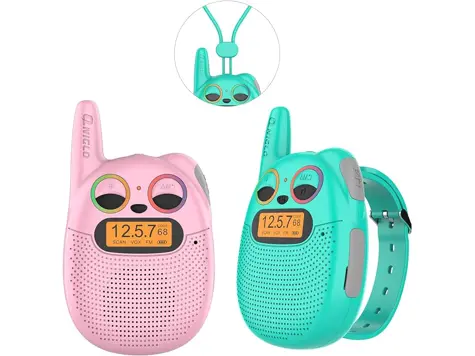 QNIGLO Q136 Walkie Talkie Niños Recargable 2Km+ Radio FM LED Parpadeantes Correa Reloj.