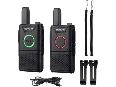 Retevis RT618 Mini Walkie Talkie, PMR 446 16 Canales VOX CTCSS/DCS USB (2Par, Negro)